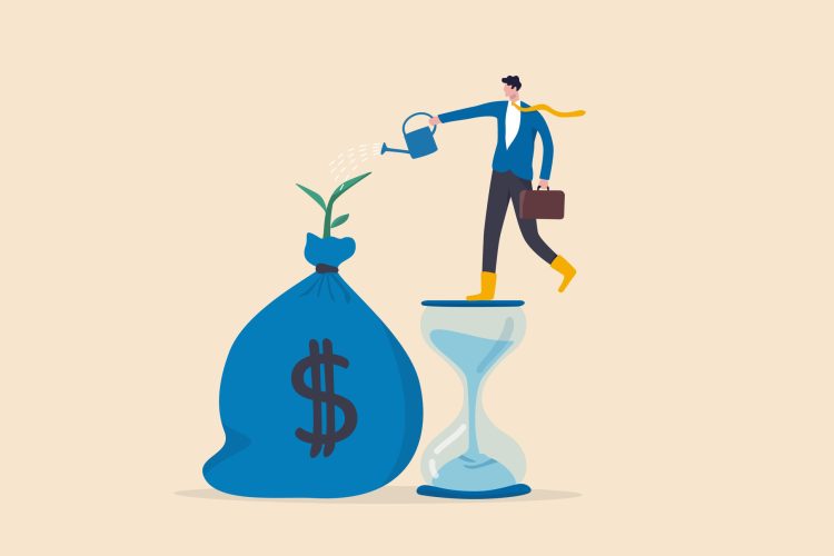 Illustration of person standing on sand timer filling bag of money