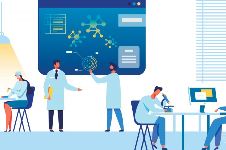 cartoon lab with researchers in white coats looking through microscopes and on computer screens