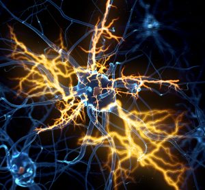 3D illustration of a blue neuron firing with yellow indicating electrical signals - idea of neuropathic pain