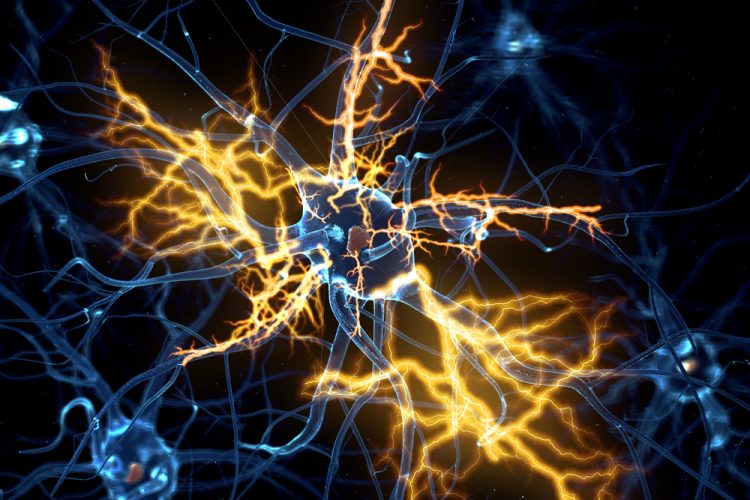 3D illustration of a blue neuron firing with yellow indicating electrical signals - idea of neuropathic pain