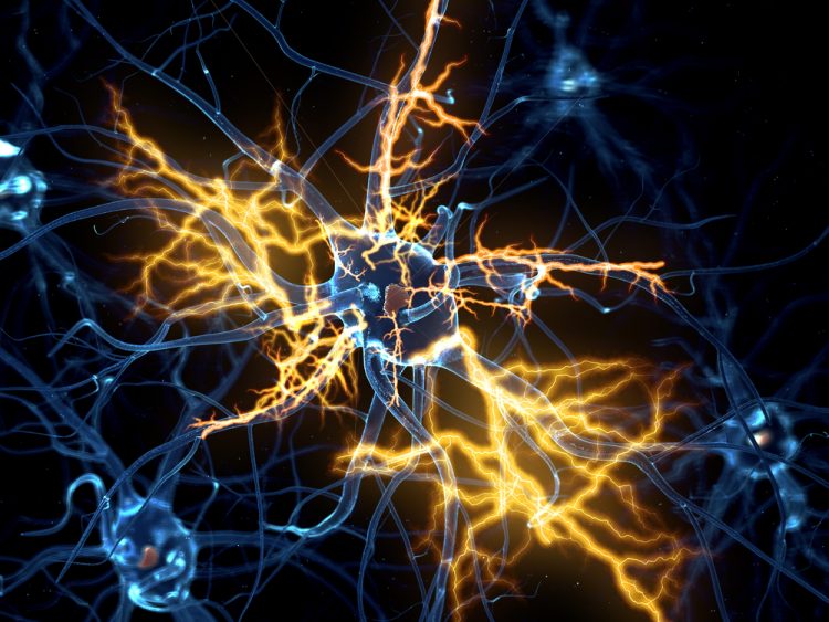 3D illustration of a blue neuron firing with yellow indicating electrical signals - idea of neuropathic pain