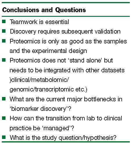 Figure 1: Observations from proteomic biomarker discovery programmes. Key conclusions and remaining questions. Notably, the precise definition of the research and clinical question or hypothesis under investigation needs to be cleary articulated and shared by the team of researchers, nurses, clinicians and informaticians involved.
