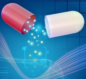 illustration of an open capsule with round particles coming out - idea of pharmaceutical excipients/ingredients