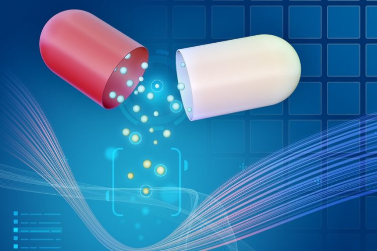 illustration of an open capsule with round particles coming out - idea of pharmaceutical excipients/ingredients