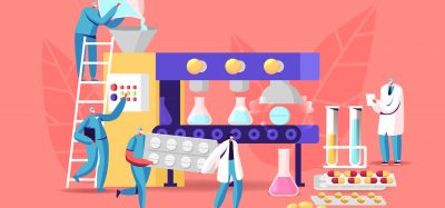 Pharmaceutical Manufacturing concept cartoon - Tiny Characters at Huge Production Line Conveyor Belt producing Glass Beakers and Pills