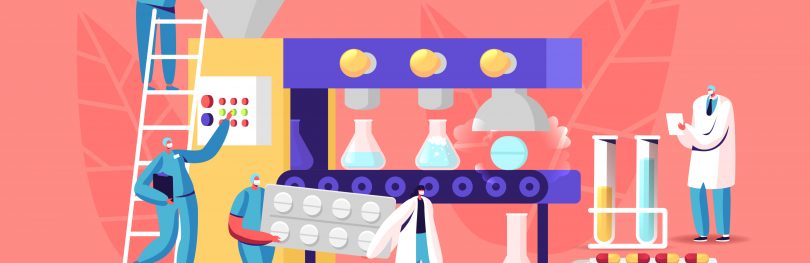 Pharmaceutical Manufacturing concept cartoon - Tiny Characters at Huge Production Line Conveyor Belt producing Glass Beakers and Pills