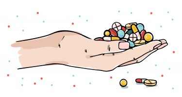 illustration of a white person's hand holding various pills and tablets