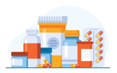 idea of prescription pharmaceuticals - cartoon of various shapes and sizes of pharmaceutical containers and packages