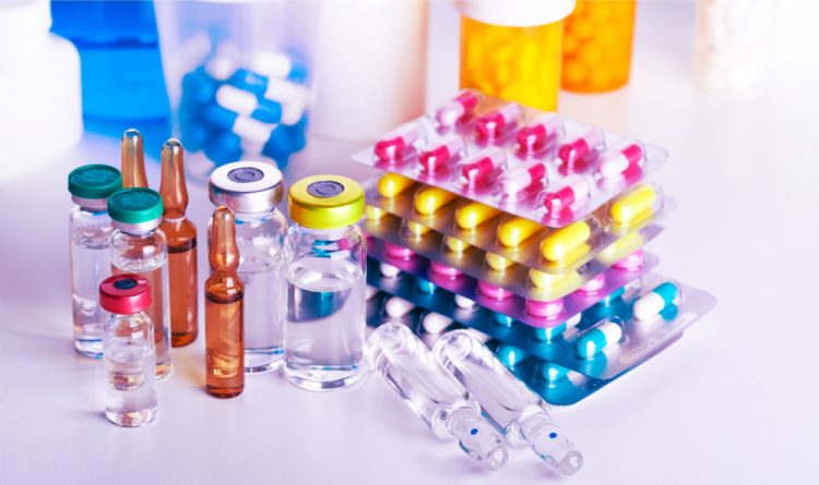 drug products of various forms in various types of packaging, including liquid in glass vials and pills/capsules in blister packages - idea of medicines or pharmaceuticals