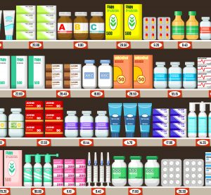 cartoon of various types of pharmaceuticals on pharmacy shelves