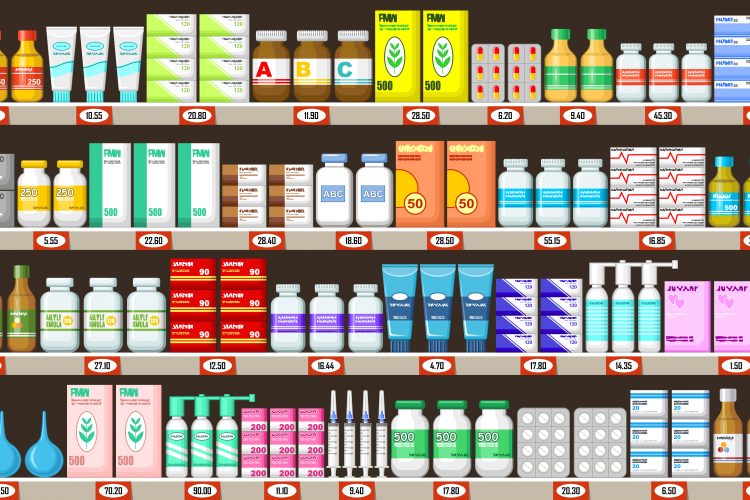cartoon of various types of pharmaceuticals on pharmacy shelves