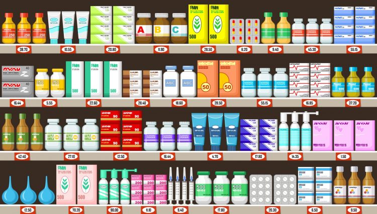 cartoon of various types of pharmaceuticals on pharmacy shelves