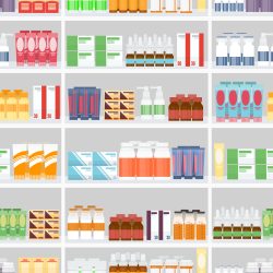 cartoon of a pharmacy's shelves holding various types of medicines