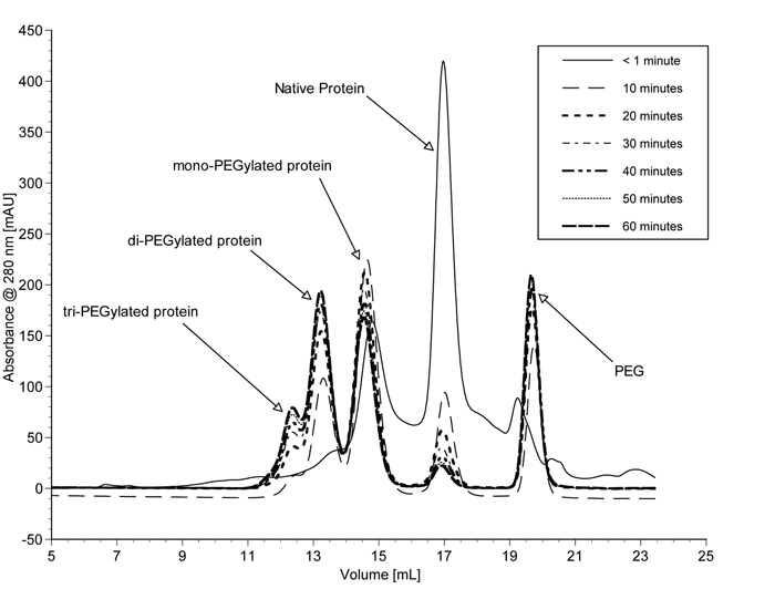 Figure 12 - SEC elution profile of various PEGylated a-lactalbumin products obtained from batch process 87