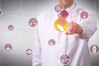 Man in white coat touching digital image for AI article