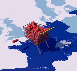 Brexit concept: pills in trolley on map of Europe facing the UK