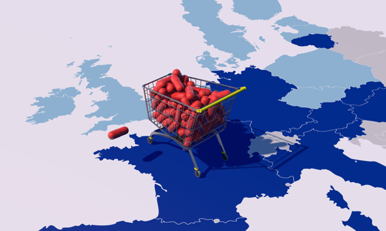 Brexit concept: pills in trolley on map of Europe facing the UK