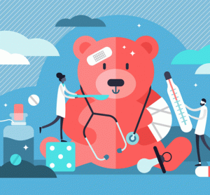 Teddy bear with medicine and drug packaging