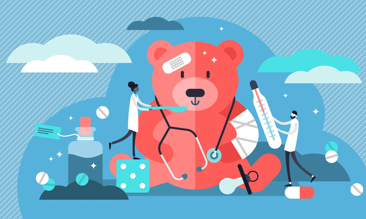 Teddy bear with medicine and drug packaging