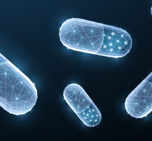 Floating pills on navy background