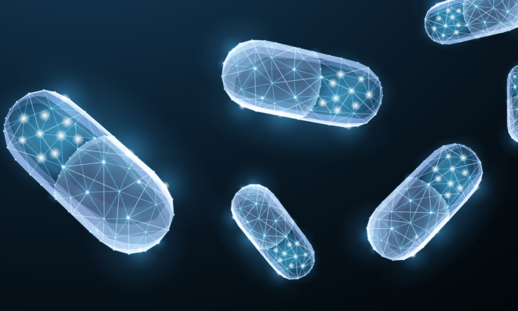 Floating pills on navy background