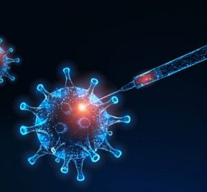 Vaccine development concept - polygonal illustration of a viral particle being injected by a syringe