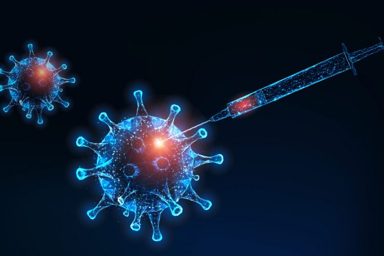 Vaccine development concept - polygonal illustration of a viral particle being injected by a syringe