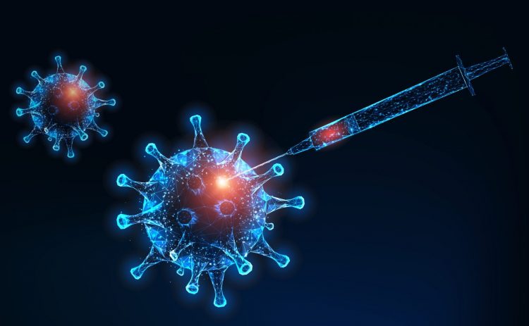 Vaccine development concept - polygonal illustration of a viral particle being injected by a syringe