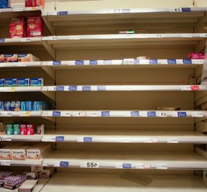 Empty shelves in supermarket