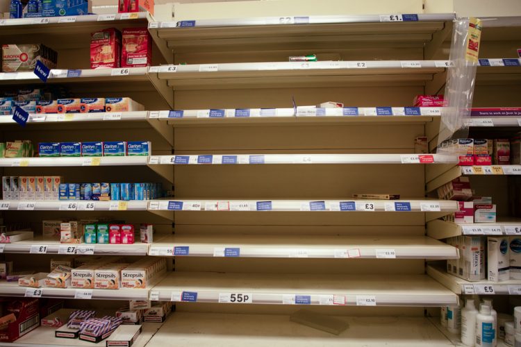 Empty shelves in supermarket