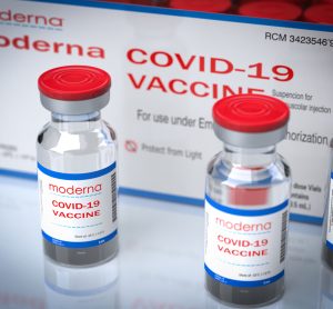 Moderna COVID-19 vaccine vials [Credit: Giovanni Cancemi/Shutterstock.com].