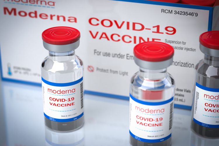 Moderna COVID-19 vaccine vials [Credit: Giovanni Cancemi/Shutterstock.com].