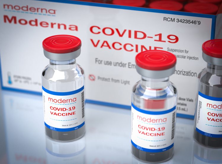 Moderna COVID-19 vaccine vials [Credit: Giovanni Cancemi/Shutterstock.com].