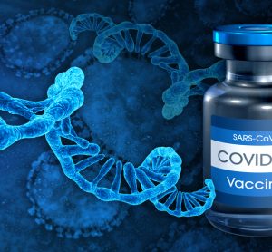 COVID-19 vaccine vial next to RNA strand
