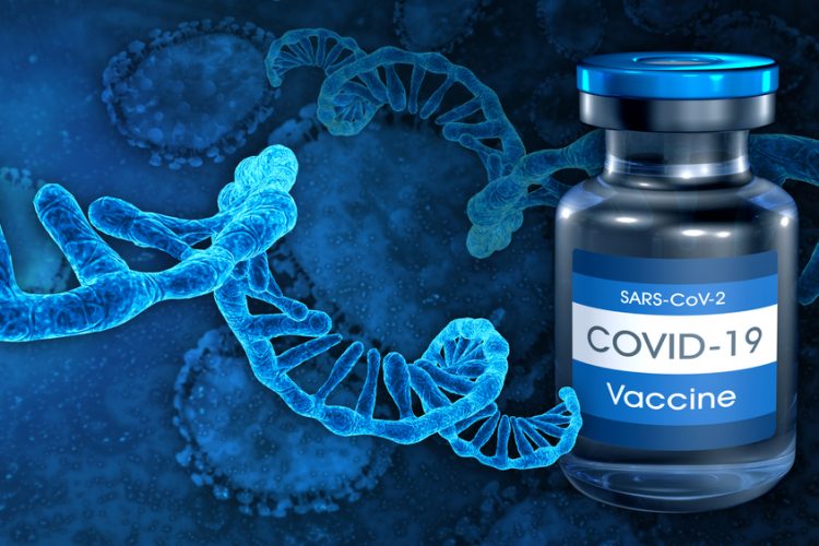 COVID-19 vaccine vial next to RNA strand