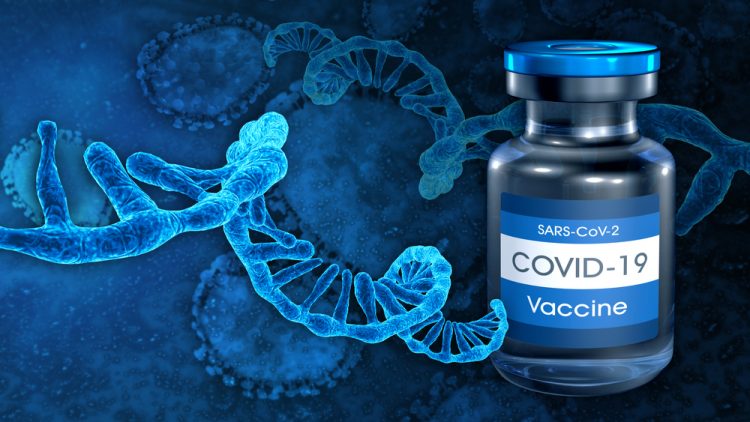 COVID-19 vaccine vial next to RNA strand