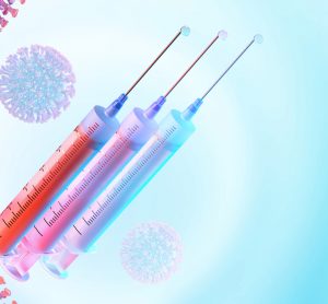 Three vaccines next to COVID-19 cells