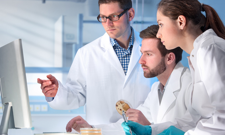 Scientists in lab looking at a computer