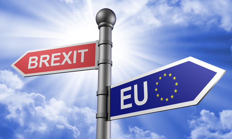 Signpost pointing in opposite directions to Brexit and the EU