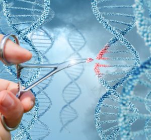 Hands cutting DNA strand with scissors, gene therapy concept