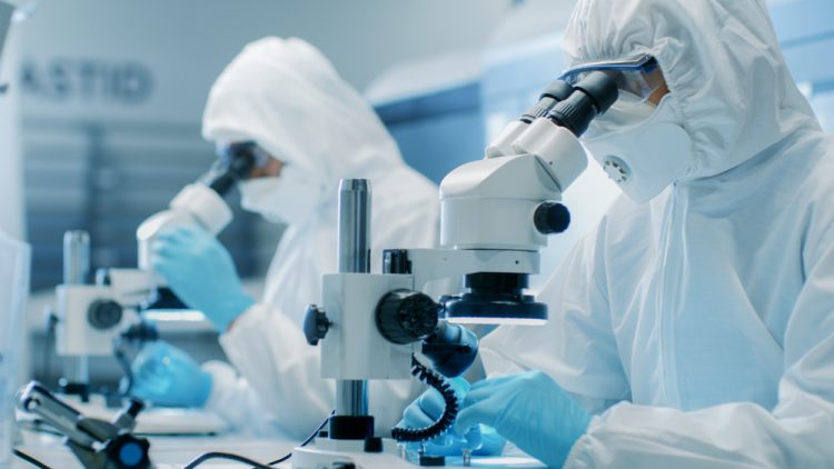 two scientists wearing sterile clothing performing research using microscopes in a cleanroom environment - idea of sterilisation