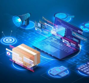 Idea of supply chain technologies such as AI, blockchain and IoT - graphic displaying a computer surrounded by a package and various data symbols