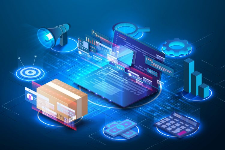 Idea of supply chain technologies such as AI, blockchain and IoT - graphic displaying a computer surrounded by a package and various data symbols