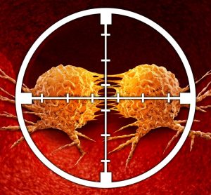 dividing orange cancer cells in a white crosshair all surrounded by red - idea of targeted cancer treatment or drug delivery