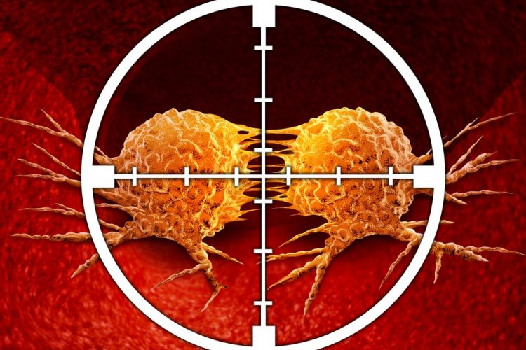 dividing orange cancer cells in a white crosshair all surrounded by red - idea of targeted cancer treatment or drug delivery