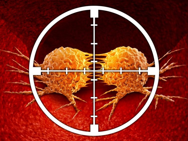 dividing orange cancer cells in a white crosshair all surrounded by red - idea of targeted cancer treatment or drug delivery