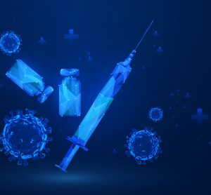 vaccine development concept - glowing blue syringe, viral particles and vaccine vials all on a darker blue background