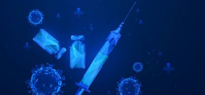 vaccine development concept - glowing blue syringe, viral particles and vaccine vials all on a darker blue background