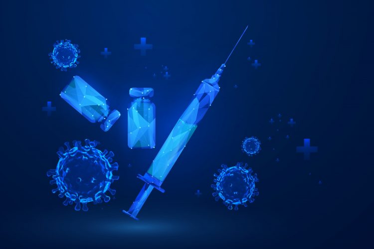 vaccine development concept - glowing blue syringe, viral particles and vaccine vials all on a darker blue background