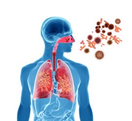 3D illustration of a human inhaling viruses through their nose - concept of viral infection